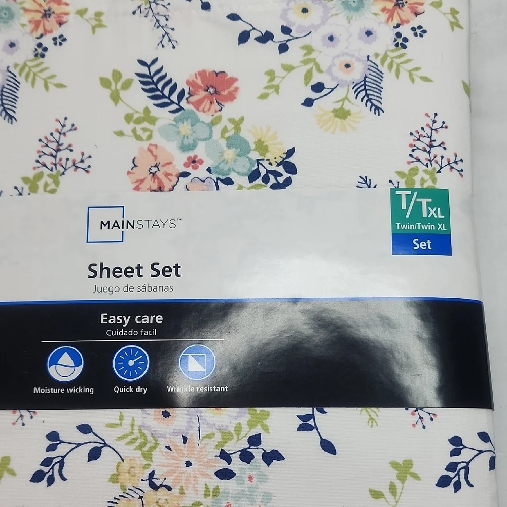 Mainstays Floral 300 Thread Count Sheet Set - White, Blue, and Pink T/Txl